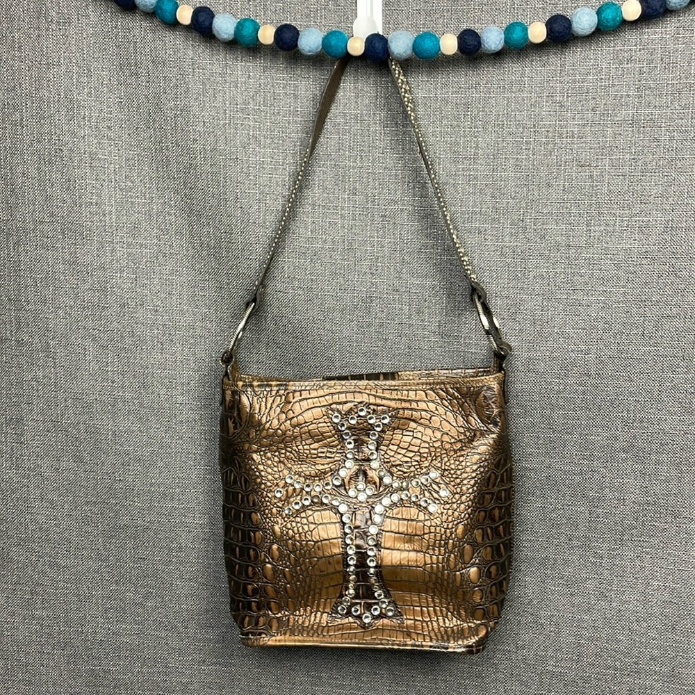 Raviani Shoulder Bag Brown Copper Bronze Cross Rhinestone Glam Chic Boho Western